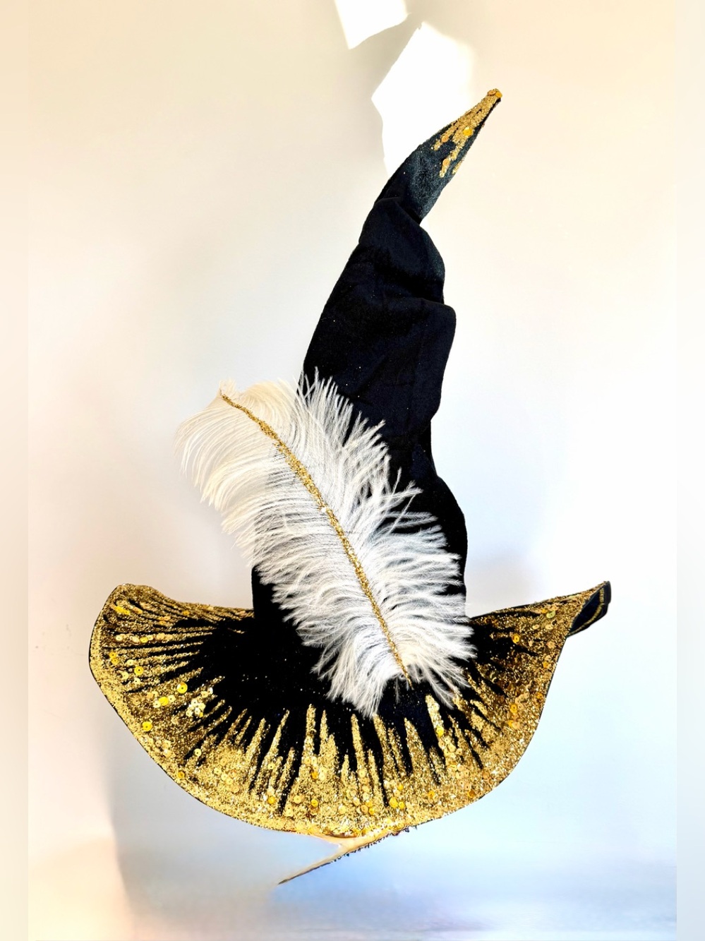 Witch hat black, velvet & gold shimmer, natural ostrich, feather oversize shapea